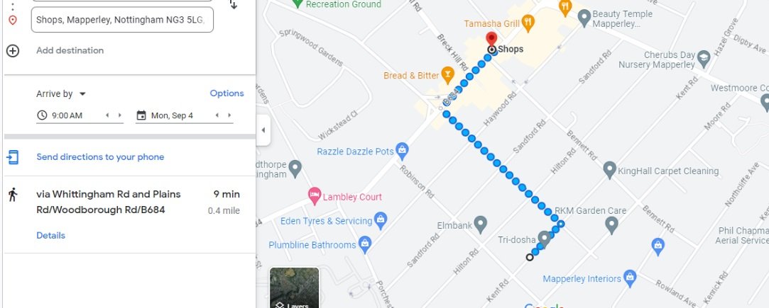Route showing that the workplace is within walking distance